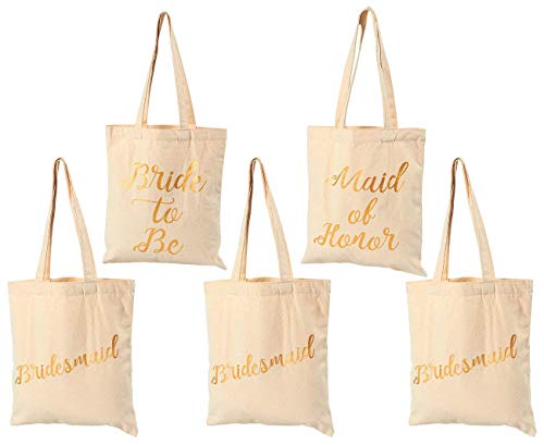 Product Cover Bridal Shower Canvas Tote Bag - 5-Pack Reusable Shopping Bags for Wedding Favors, Bachelorette Party Gifts, and Bridal Shower Accessories, 100% Cotton Canvas, 13.5 x 12 Inches