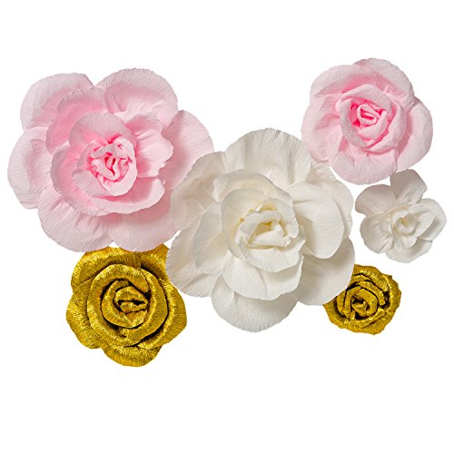 Product Cover Crepe Paper Flowers Set of 6,Handcrafted Flowers,For Gold Party,Baby Nursery Home Decor,Baby Showers,Birthday,Wedding,Archway Decor(Shiny Gold+White+Pink)