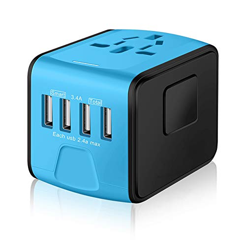 Product Cover SAUNORCH Universal International Travel Power Adapter W/Smart High Speed 2.4A 4xUSB Wall Charger, European Adapter, Worldwide AC Outlet Plugs Adapters for Europe, UK, US, AU, Asia-Blue