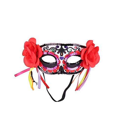 Product Cover Masquerade Death Masks with Red Flowers Lace for Mardi Gras Christmas Halloween Home Party