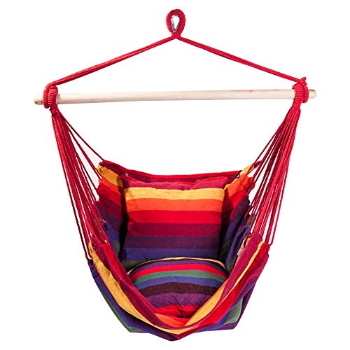 Product Cover SUNMERIT Hanging Rope Hammock Chair Porch Swing Seat, Large Cotton Hammock Net Chair Swing for Indoor, Outdoor, Garden, Patio, Yard, 275 lbs Capacity, 2 Seat Cushions Included (Red & Yellow Stripes)