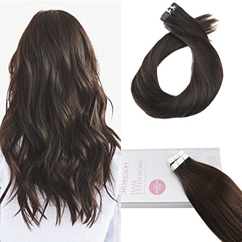 Product Cover Moresoo 14 Inch Seamless Skin Weft Tape in Human Hair Glue in Human Hair Extensions Darkest Brown Color #2 Straight Unprocessed Remy Human Hair 40g/20pcs