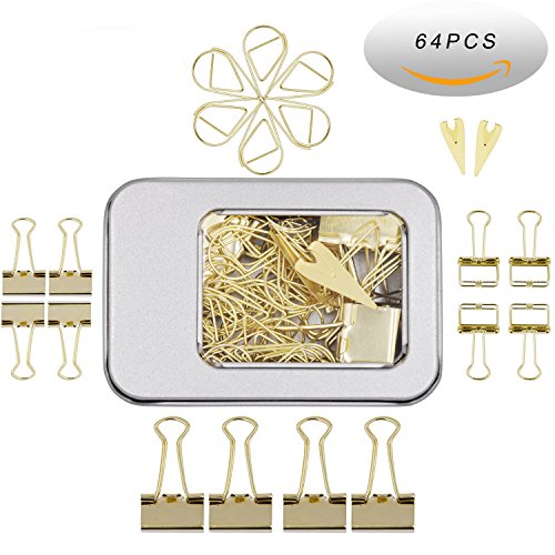 Product Cover 12 Pcs Binder Clips and 2 Pcs Bookmarker and 50 Pcs Paper Clips,Assorted Size Gold Clips With Storage Case