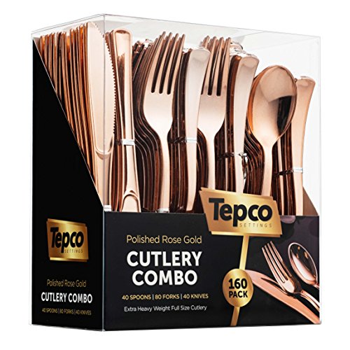 Product Cover 160 Rose Gold Plastic Silverware Set - Rose Gold Flatware Set - Plastic Rose Gold Cutlery Set Disposable - 80 Plastic Forks - 40 Plastic Spoons- 40 Plastic Knives - Heavy Duty for Party Bulk Pack