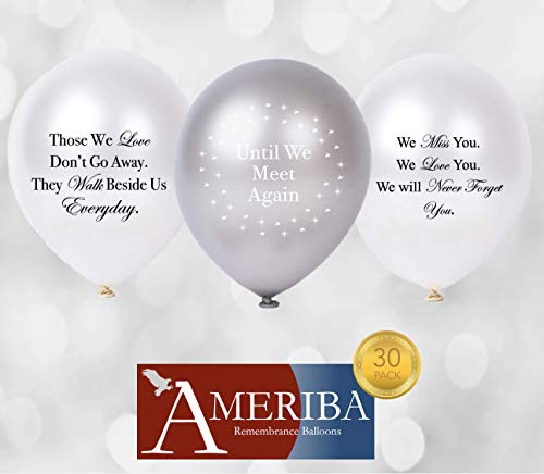 Product Cover Biodegradable Remembrance Balloons: 30pc White & Silver Personalizable Funeral Balloons for Balloon Releases & Sympathy Gifts | Created/Sold by AMERIBA, a USA company (Variety Pk White, Black Writing)