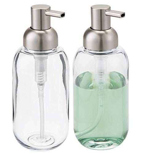 Product Cover mDesign Round Plastic Refillable Liquid Soap Dispenser Pump Bottle for Bathroom Vanity Countertop, Kitchen Sink - Holds Hand Soap, Dish Soap, Hand Sanitizer, Essential Oils - 2 Pack - Clear/Brushed