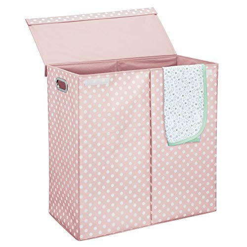 Product Cover mDesign Extra Large Divided Laundry Hamper Basket with Lid - Portable, Foldable for Compact Storage - Double Hamper Design for Nursery, Girl's Room, Kid's Playroom - Fun Polka Dot Print - Pink/White