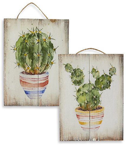 Product Cover Juvale Wooden Wall Ornament - 2-Piece Small Hanging Decorations Cactus Design, Natural Decor Living Room, Hallway Dining Room, 8 x 5.9 x 0.9 inches