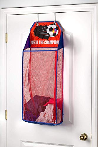 Product Cover Store & Score Over The Door Hanging Kids Fun LED Soccer Light-Up Collapsible Mesh Laundry Hamper Basket, Toy Chest, Heavy Duty Metal Hooks Included. Patent Pending