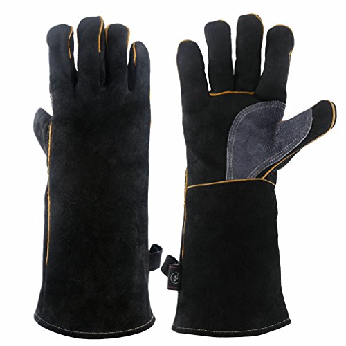 Product Cover KIM YUAN Extreme Heat & Fire Resistant Gloves Leather with Kevlar Stitching,Mitts Perfect for Fireplace, Stove, Oven, Grill, Welding, BBQ, Mig, Pot Holder, Animal Handling, Black-Grey 16 inches