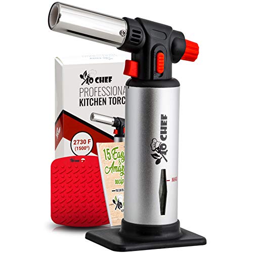 Product Cover Jo Chef Kitchen Torch, Blow Torch - Refillable Butane Torch With Safety Lock & Adjustable Flame + Fuel gauge - Culinary Torch, Creme Brûlée Torch For Cooking Food, Baking, BBQ & More + FREE E-book