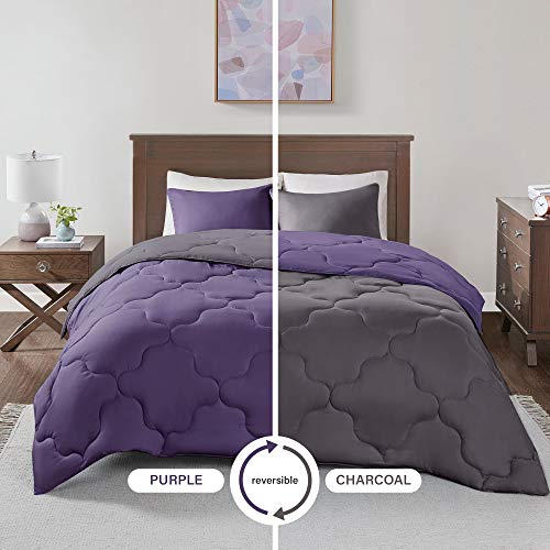 Product Cover Comfort Spaces Vixie 3 Piece Comforter Set All Season Reversible Goose Down Alternative Stitched Geometrical Pattern Bedding, Full/Queen, Purple/Charcoal