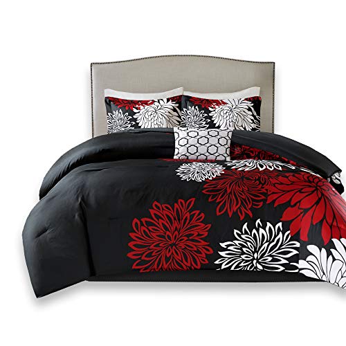 Product Cover Comfort Spaces Enya 5 Piece Comforter Set Ultra Soft Hypoallergenic Microfiber Floral Print Bedding, Full/Queen, Black/Red