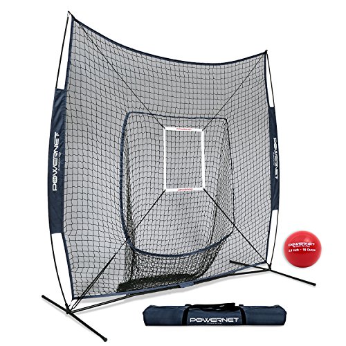Product Cover PowerNet DLX 7x7 Baseball Softball Hitting Net + Weighted Heavy Ball + Strike Zone Bundle (Navy) | Training Set | Practice Equipment Batting Soft Toss Pitching | Team Color | Portable Backstop