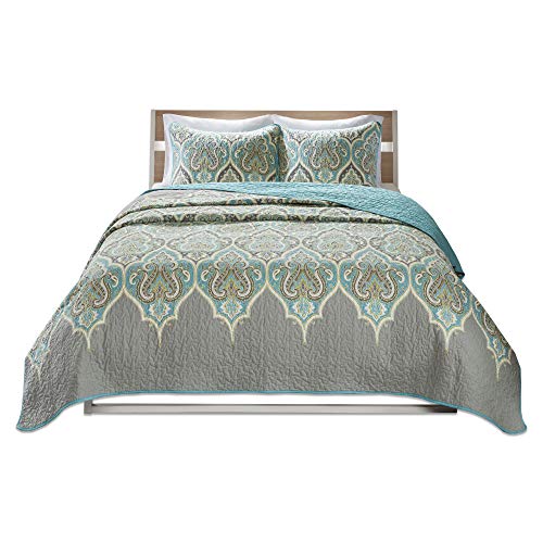 Product Cover Comfort Spaces Mona 3 Piece Quilt Coverlet Bedspread Ultra Soft 100% Cotton Paisley Pattern Hypoallergenic Bedding Set, King, Teal
