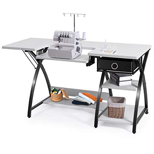 Product Cover Costway Adjustable Sewing Craft Table with Drawer, Multifunction Crafting Machine Desk with Storage, Sturdy Computer Desk with White Finish, Ideal for Home Indoor