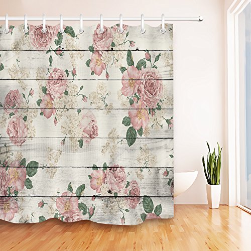 Product Cover LB Pink Flower on Rustic Wood Panel Shower Curtain for Bathroom, Vintage Retro Country Floral Theme Curtain, Waterproof Fabric Decorative Curtain, 70 x 70 Inch