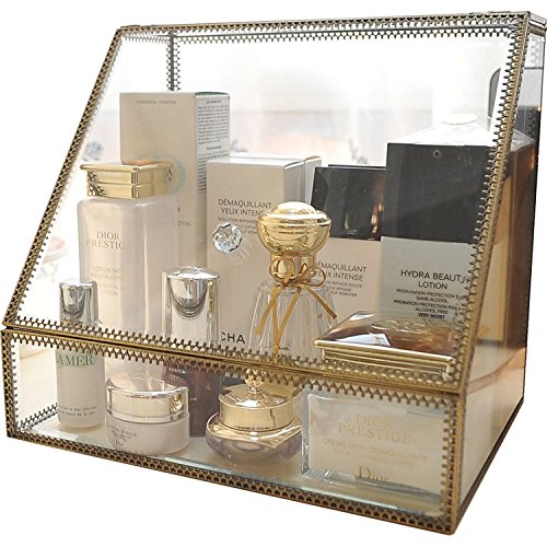 Product Cover Hersoo Large Cosmetics Makeup Organizer Transparent Bathroom Accessories Storage Glass Display with Slanted Front Open Lid-Cosmetic Stackable Holder for Makeup, Brushes, Perfumes, Skincare