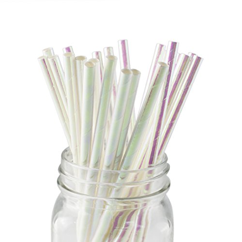 Product Cover Ipalmay Foil Iridescent Pink Pearl Cocktail Paper Straws, Disposable Biodegradable, 7.75 Inches, Pack of 100