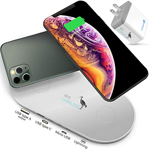 Product Cover IBIS Wireless 9W Dual Wireless Charger Fast Charging Station 3 Devices At Once, with Qualcomm 3.0 USB Charger, Wireless Charging Pad Multiple Devices, Wireless Phone charger Pad For iPhone 11 Pro Max.