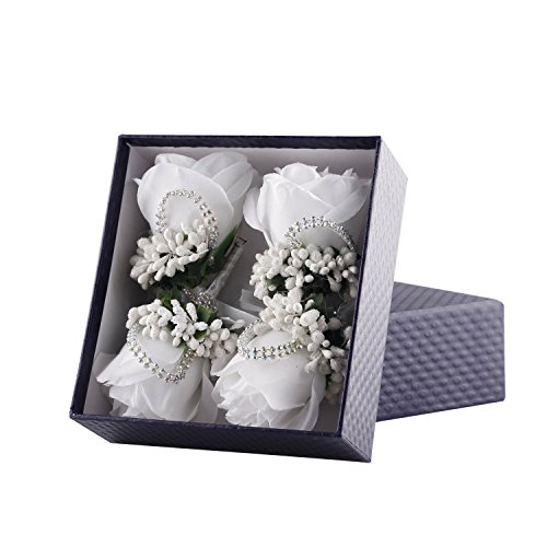 Product Cover YSUCAU Rose Boutonniere Handmade Corsage Classic Artificial Groom Flowers Brooch with Pin for Wedding Prom Party (White)