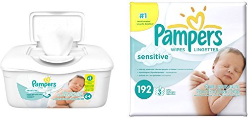 Product Cover Pampers Baby Wipes Tub, Sensitive - 64 Wipes/Tub (1Tub/3Refills/256 Count, Sensitive)
