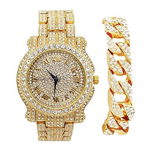 Product Cover Bling-ed Out Round Luxury Mens Watch w/Bling-ed Out Cuban Bracelet - L0504B - Cuban Gold