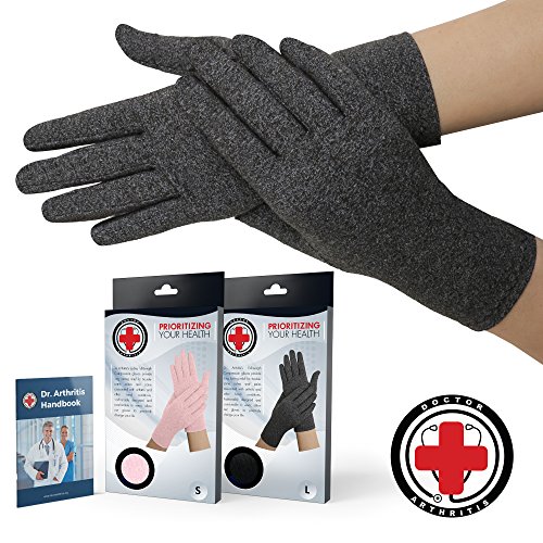 Product Cover Doctor Developed Full Fingered Arthritis Compression Gloves (Grey) and Doctor Written Handbook - Soft with Mild Compression, for Arthritis, Raynauds Disease & Carpal Tunnel (Medium)