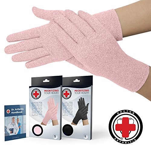 Product Cover Doctor Developed Full Fingered Arthritis Compression Gloves (Pink) and Doctor Written Handbook - Soft with Mild Compression, for Arthritis, Raynauds Disease & Carpal Tunnel (Small)