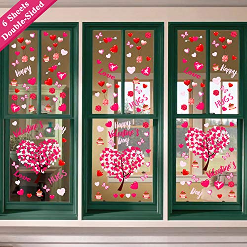 Product Cover Ivenf Valentines Day Decorations Heart Window Clings Decor, Kids School Home Office Large Valentines Hearts Accessories Birthday Party Supplies Gifts, 6 Sheet 117pcs, Pink Set