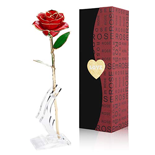 Product Cover 24k Gold Rose, Artificial Flowers Red Rose Flowers Artificial for Decoration, Long Stem with Transparent Stand, Golden Rose for Girlfriend Gifts, Wedding Flowers, Mother Birthday Anniversary Gifts