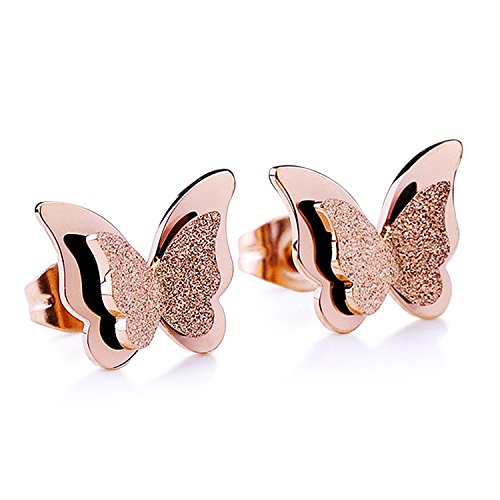 Product Cover Stainless Steel Butterfly Stud Earrings Frosted 18k Rose Gold Plated Jewelry for Women (Rose gold)