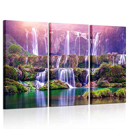 Product Cover Kreative Arts Large Size 3 Pieces Peaceful Dreamlike Waterfall Canvas Wall Art Purple Landscape Picture Artwork Modern Nature Painting Hotel Bedroom Interior Home Decor 16x32inchx3pcs