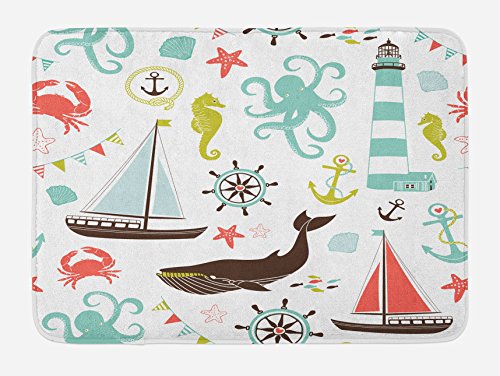 Product Cover Ambesonne Nautical Bath Mat, Pastel Colored Composition of Lighthouse Sailboat Fish Shells Octopus and Anchor, Plush Bathroom Decor Mat with Non Slip Backing, 29.5