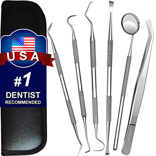 Product Cover Dental Tools, 6 Pack Teeth Cleaning Tools Stainless Steel Dental Scraper Tooth Pick Hygiene Set with Mouth Mirror, Tweezer Kit for Dentist, Family Oral Care, Dogs - With Leather Case