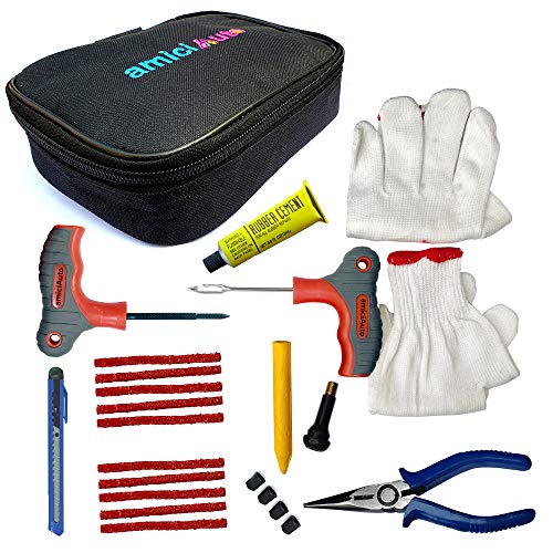 Product Cover amiciAuto Tubeless Tyre Puncture Repair Complete Kit for Car and Bike (Complete Kit with Easy Storage Nylon Bag)