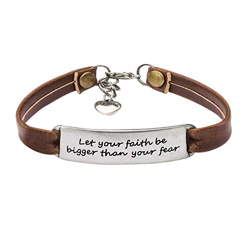 Product Cover Ladies Vintage Antique Inspirational Leather Bangle Bracelets Jewellery Engraved Message Encourage Let Your Faith Be Bigger Than Your Fear