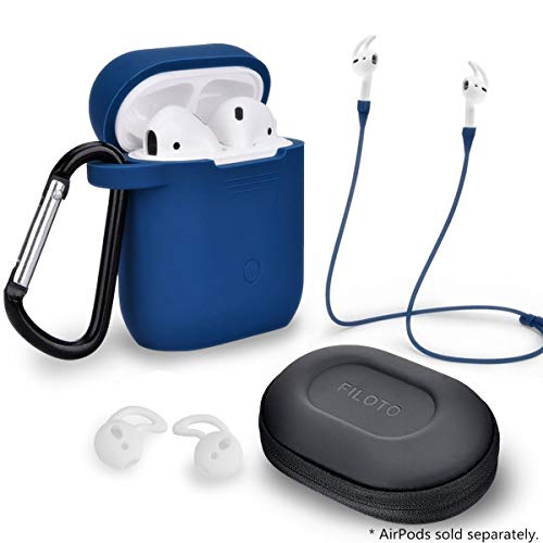 Product Cover Airpods Accessories Set, Filoto Airpods Waterproof Silicone Case Cover with Keychain/Strap/Earhooks/Accessories Storage Travel Box for Apple Airpod (Navy Blue)