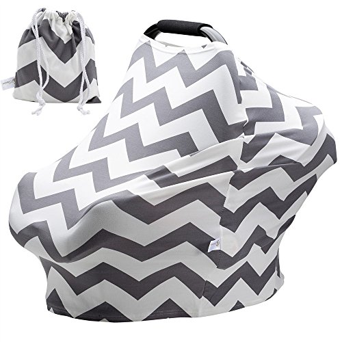 Product Cover Baby Car Seat Covers Super Soft Stretchy and Breathable Nursing Covers for Boys and Girls with Pouch Cute Gray Wave Stripes