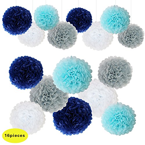 Product Cover Navy Blue White Grey Wedding Decorations Tissue Paper Flowers Pom Poms Balls for Bridal Shower Bachelorette Baby Girl Boy Theme Birthday Party Supplies Set (Navy Blue, Grey, Light Blue,White)