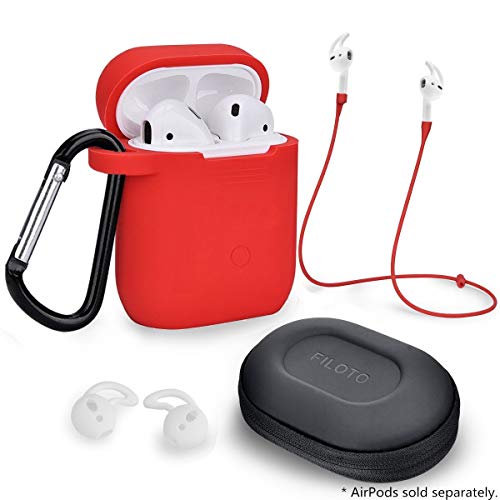 Product Cover Airpods Accessories Set, Filoto Airpods Waterproof Silicone Case Cover with Keychain/Strap/Earhooks/Accessories Storage Travel Box for Apple Airpod (Red)