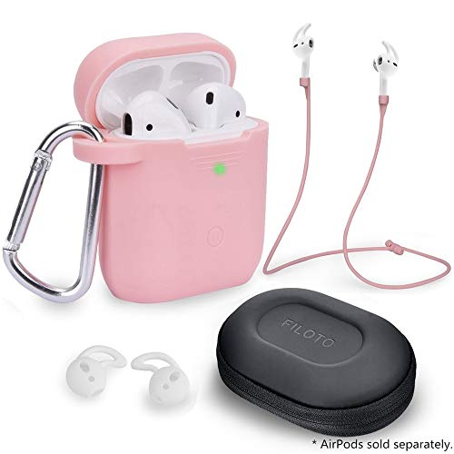 Product Cover Airpods Accessories Set, Filoto Airpods Waterproof Silicone Case Cover with Keychain/Strap/Earhooks/Accessories Storage Travel Box for Apple Airpod 2&1 (Pink)