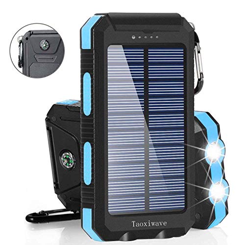 Product Cover Solar Charger Solar Power Bank 20000mAh Waterproof Portable External Backup Outdoor Cell Phone Battery Charger with Dual LED Flashlight Solar Panel for iPhone Android Cellphones (Black & Blue)