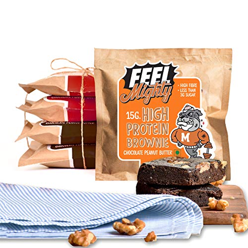 Product Cover Feel Mighty High Protein Brownies- Pack of 5 Low Carb, Low Calorie, Sugar-Free Brownies- 2 Dark Chocolate Fudge, 2 Chocolate Walnut and 1 Peanut Butter Flavoured Desserts- Keto Friendly, Gluten Free, High Fibre Snacks