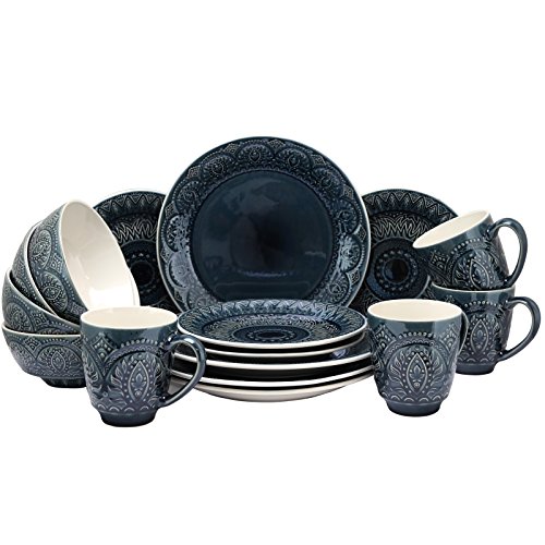 Product Cover Elama Petra Decorated Round Stoneware Deep Embossed Dinnerware Dish Set, 16 Piece, Dark Navy Blue