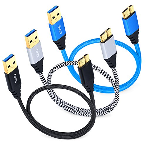 Product Cover Hard Drive Cable, Besgoods 3-Pack Short 1.5ft Braided Super Speed USB 3.0 Cable - A Male to Micro B Cable Cord for Samsung Galaxy S5, Note 3, Hard Drive and More - Black White Blue