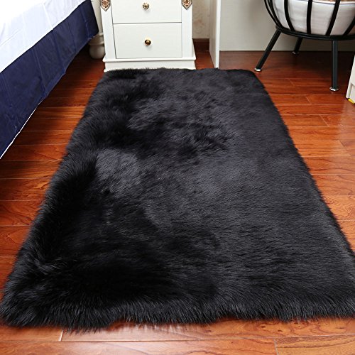 Product Cover Faux Fur Sheepskin Area Rug, Baby Bedroom Rugs Fluffy Rug Home Decorative Shaggy Rectangle Carpet, 2x3 Feet, Black