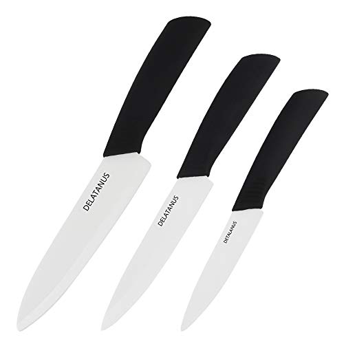 Product Cover Ceramic Knife Set 3-Piece with Knife Sheaths,Porcelain Knives(Includes 6-inch Chef's Knife,5-inch Utility Knife and 4-inch Fruit Paring Knife,White Blade,Black Handle)