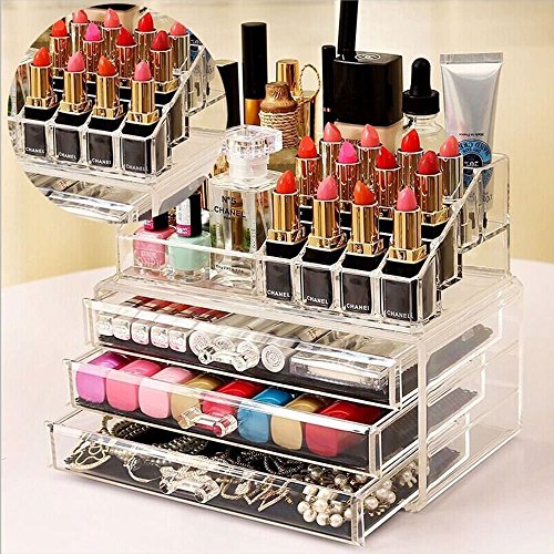 Product Cover Almand Acrylic Double Layer Beauty Vanity Jewellery Clear Make Up Cosmetic Display Stand & Organizer Rack,3 Drawer & 16 Section
