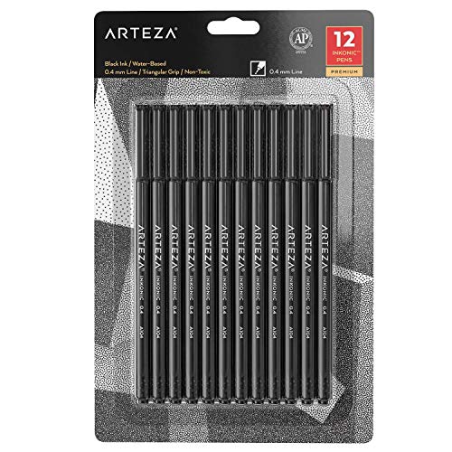 Product Cover ARTEZA Fineliner Fine Point Pens, Fine Tip Markers, Black Color (0.4 mm Tips, Set of 12)